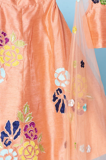 Peach Flower Embroidered Flared Top With Lehenga Set