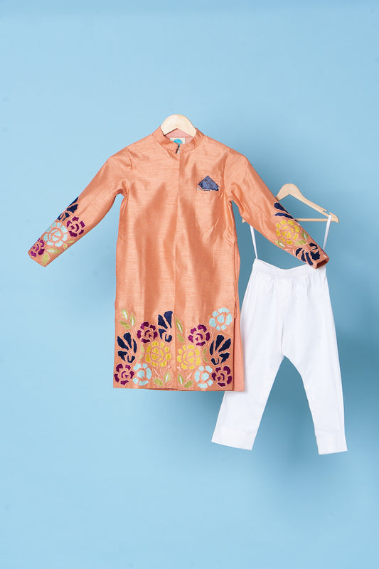 Peach Flower Patch Work Sherwani With Pyjama Set
