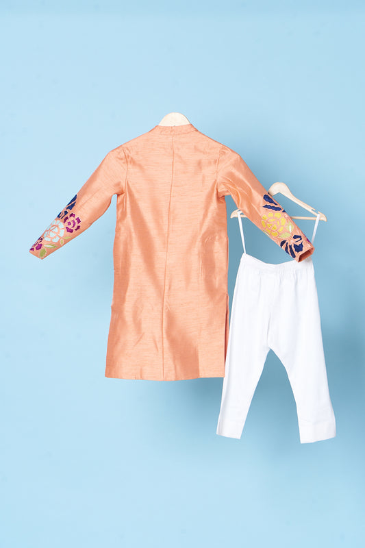 Peach Flower Patch Work Sherwani With Pyjama Set