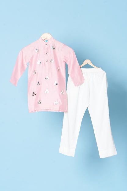 Pink Mirror Embroidered Kurta With Pyjama Set
