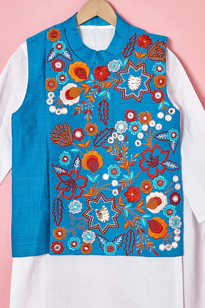 Cobalt blue embroidered Nehru jacket and kurta with pants