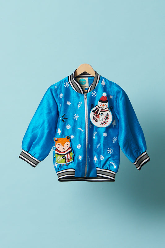 Blue snowman embroidered bomber jacket