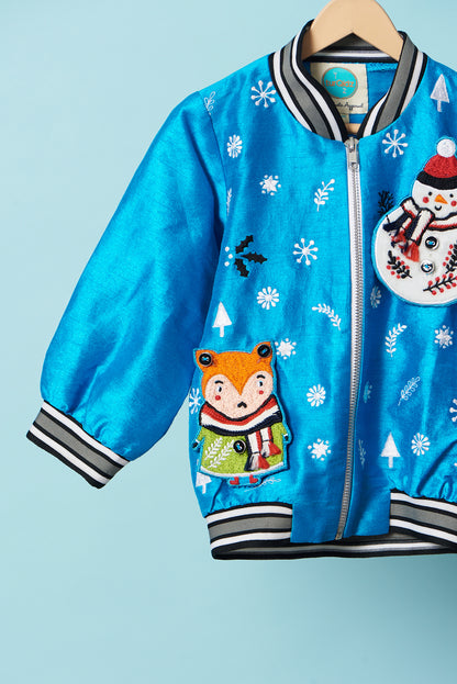 Blue snowman embroidered bomber jacket