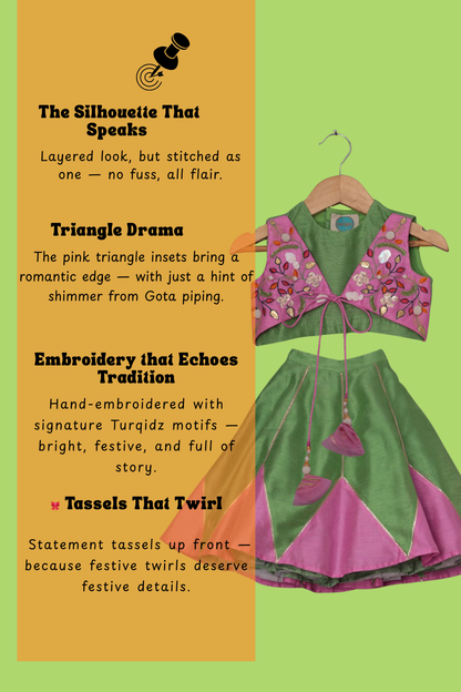 Green Dupion Silk Embroidered Thread Paneled Blouse Lehenga Set