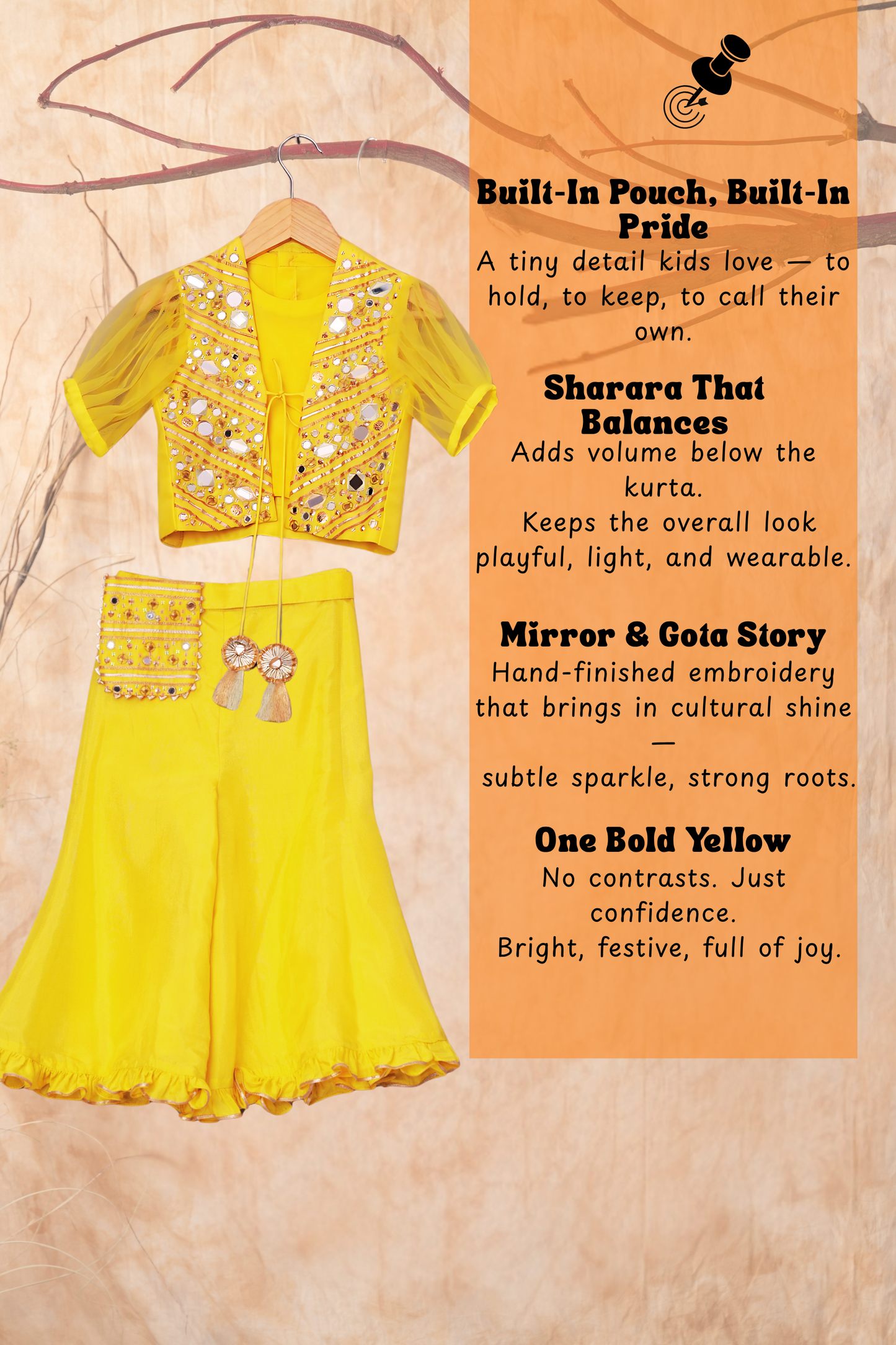 Yellow Crop Top With Mirror Work Tie Up Jacket And Palazzo With Embroidered Waist Pouch