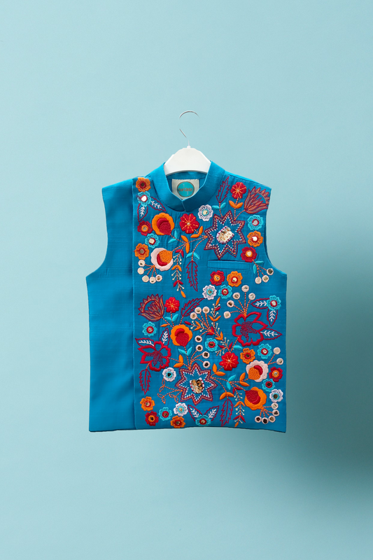 Cobalt blue embroidered nehru jacket