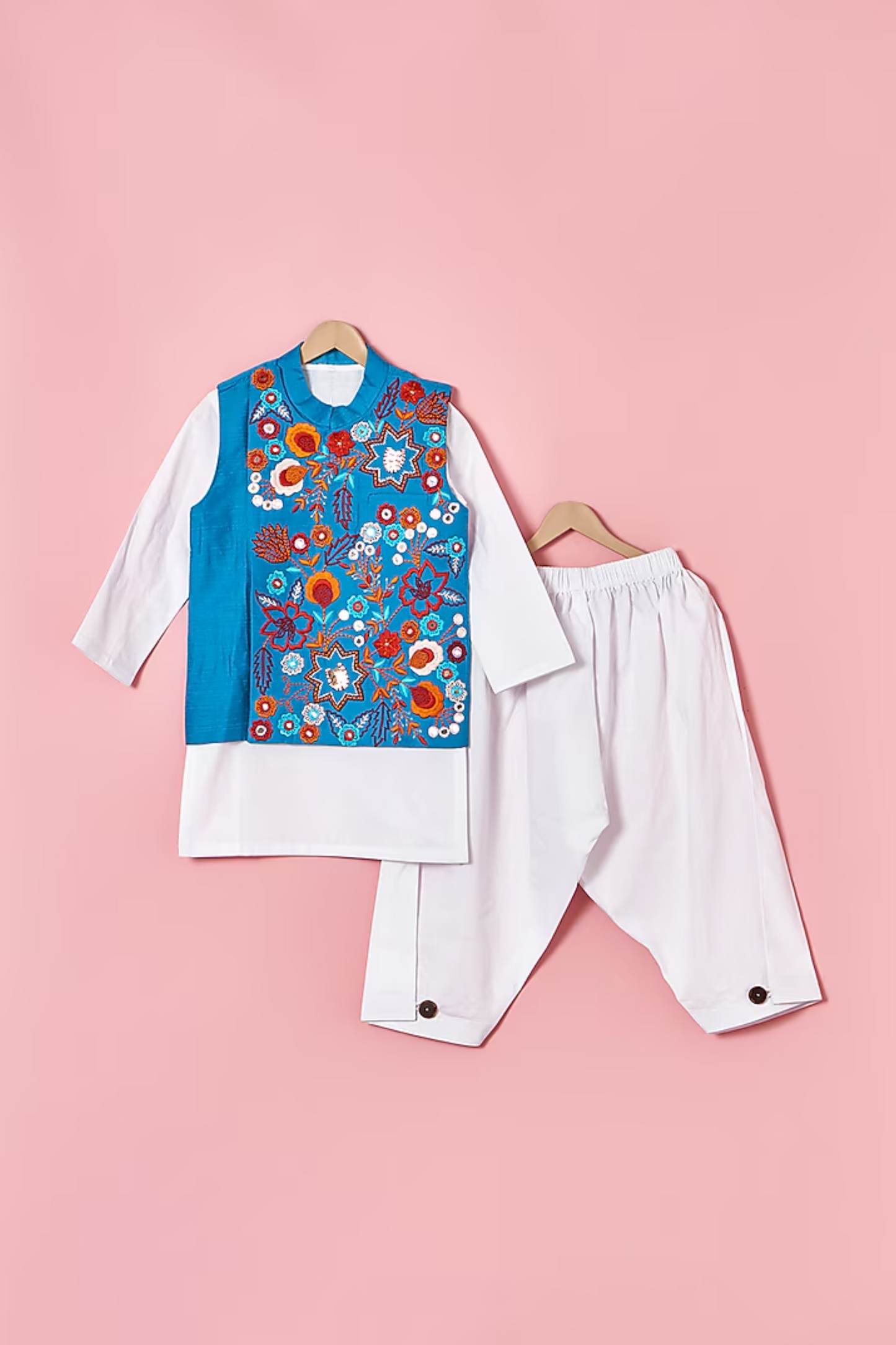 Cobalt blue embroidered Nehru jacket and kurta with pants