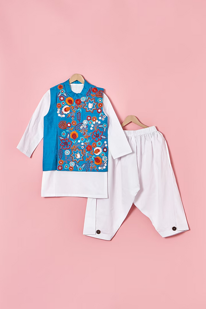 Cobalt blue embroidered Nehru jacket and kurta with pants