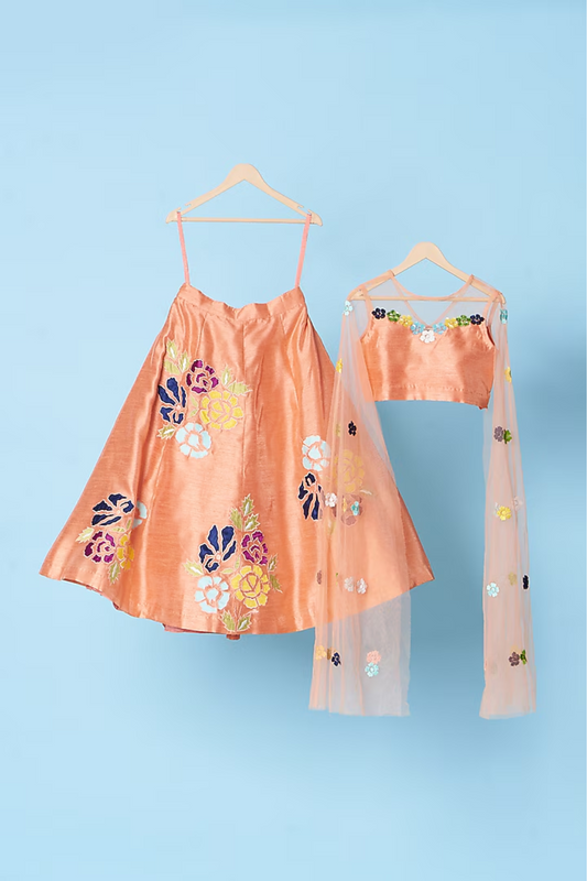 Peach Flower Embroidered Flared Top With Lehenga Set