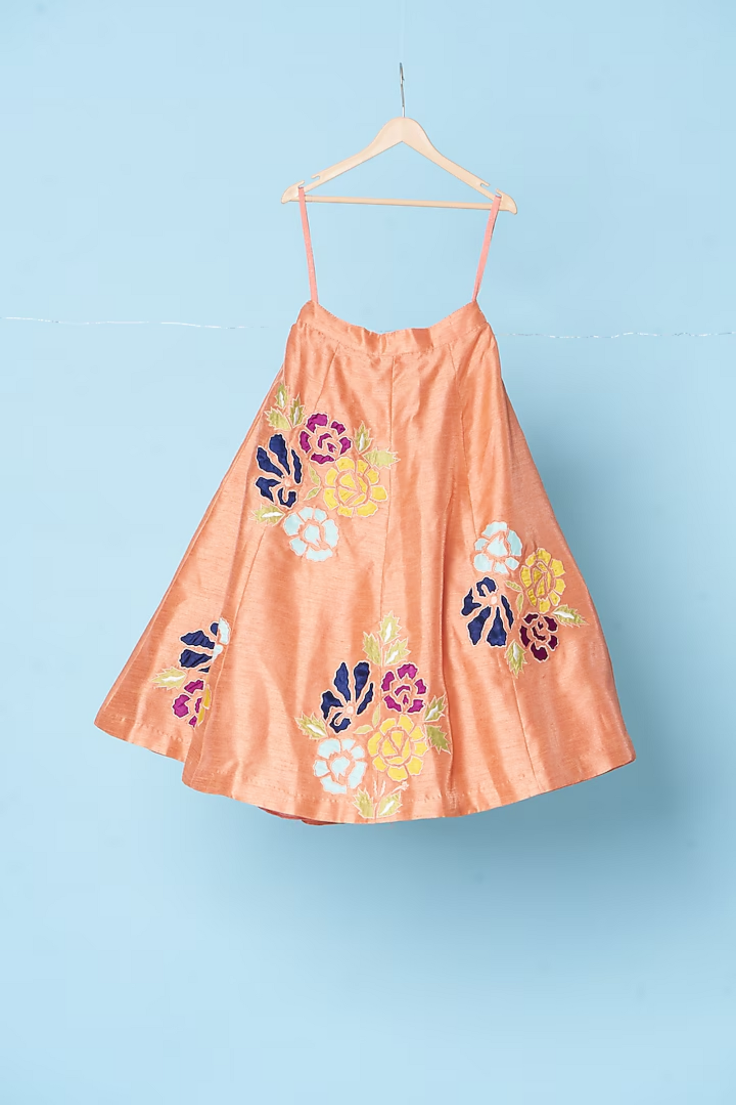 Peach Flower Embroidered Flared Top With Lehenga Set