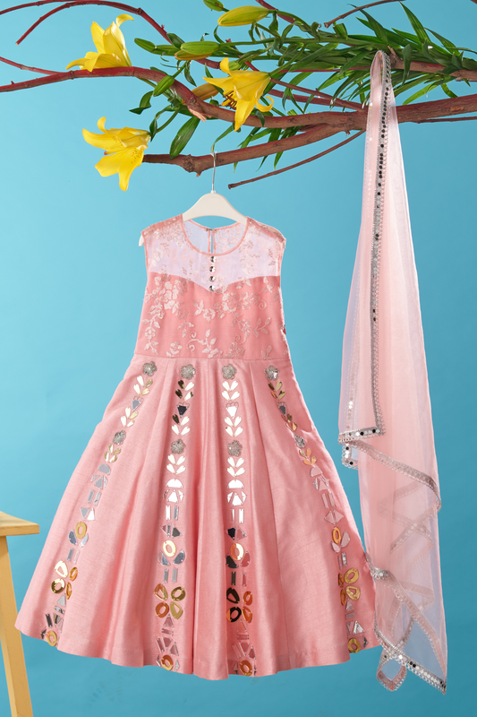 Pink Faux Mirror And Sequins Embroidered Anarkali With Lace Detailing Dupatta