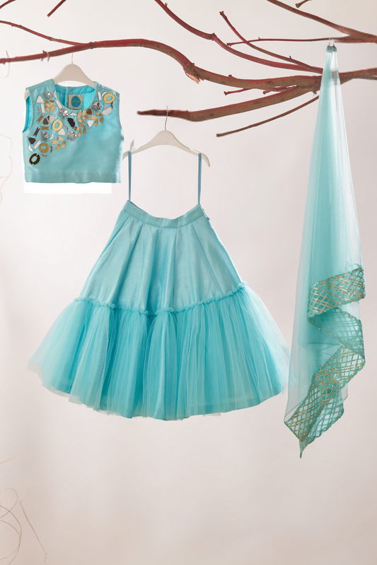 Blue Embroidered Silk Top With Frill Lehenga And Dupatta Set