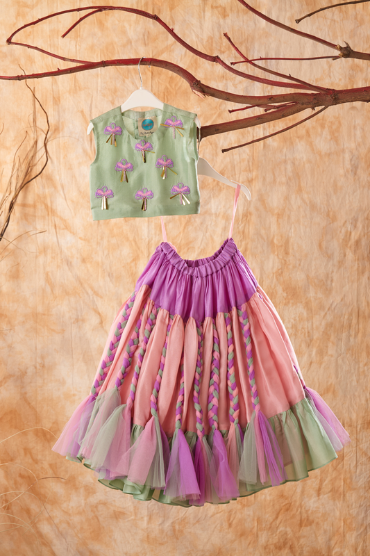 Sage Green Embroidered Top With Multicolor Braids Embroidered Lehenga Set
