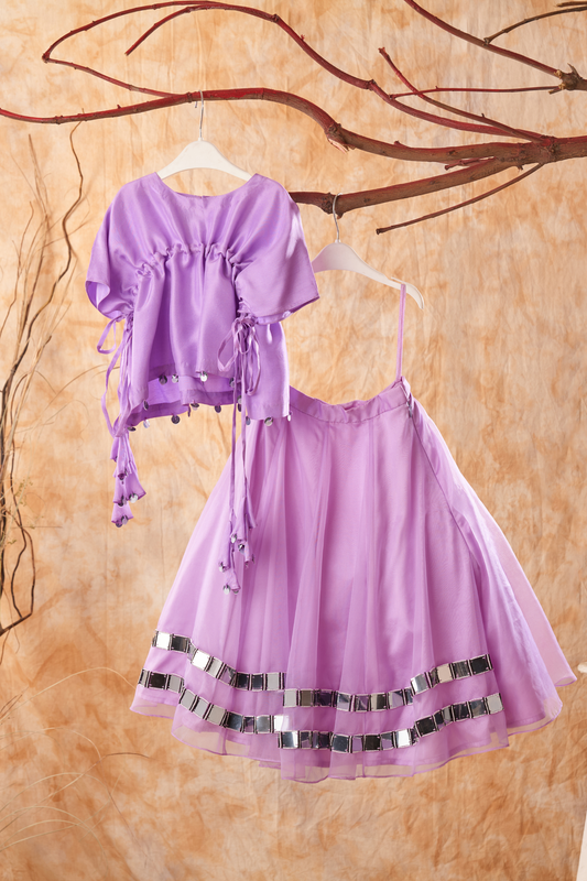 Lilac Kaftan Style Silk Top With Hand Embroidered Lehenga Set