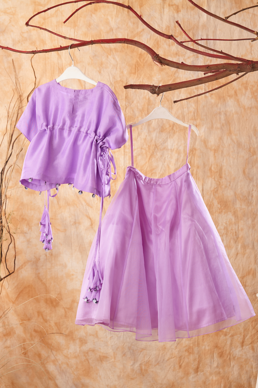 Lilac Kaftan Style Silk Top With Hand Embroidered Lehenga Set