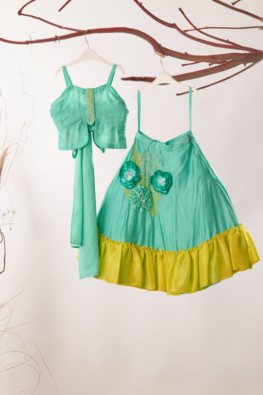 Green Silk Sleeveless Top With Embroidered Lehenga Set