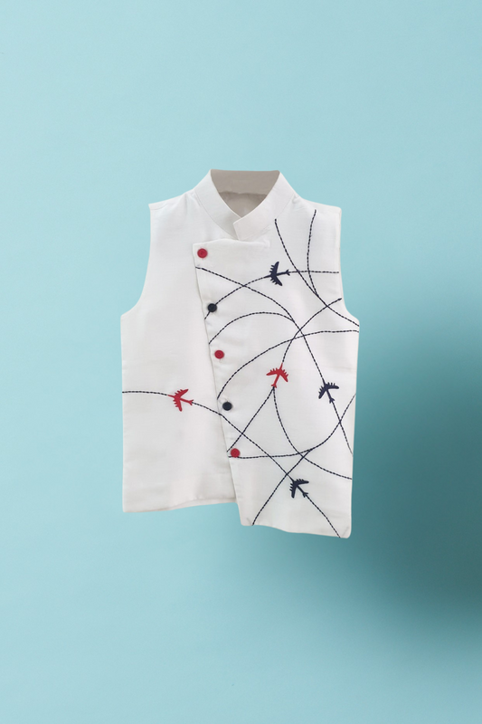 White Cotton Silk Embroidered Thread Work Airplane Waistcoat