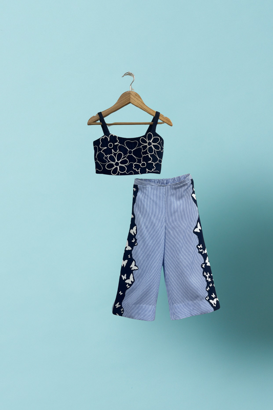 Blue Rayon Embroidered Floral Top And Flared Pant Set