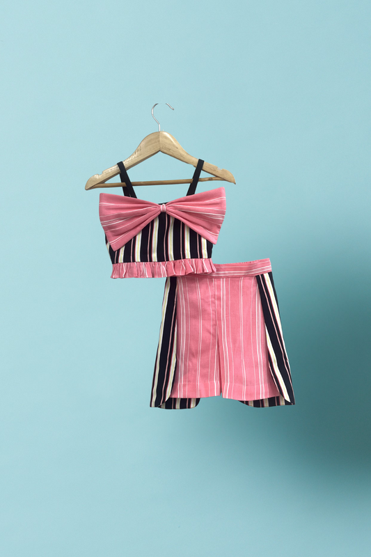 Black and pink Cotton Rayon Bow Crop Top And Skirt Set