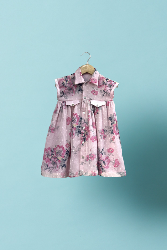Pink Dobby Chiffon A-line Printed Shirt Dress