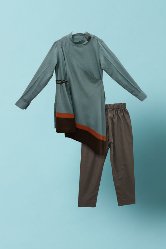 Teal blue draped kurta with brown pyjama set