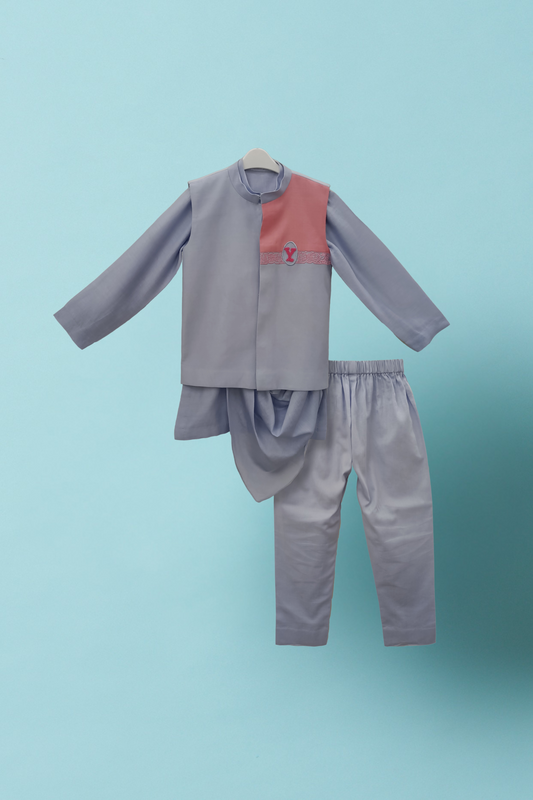 Lavender blue jacket with draped kurta and pyjama