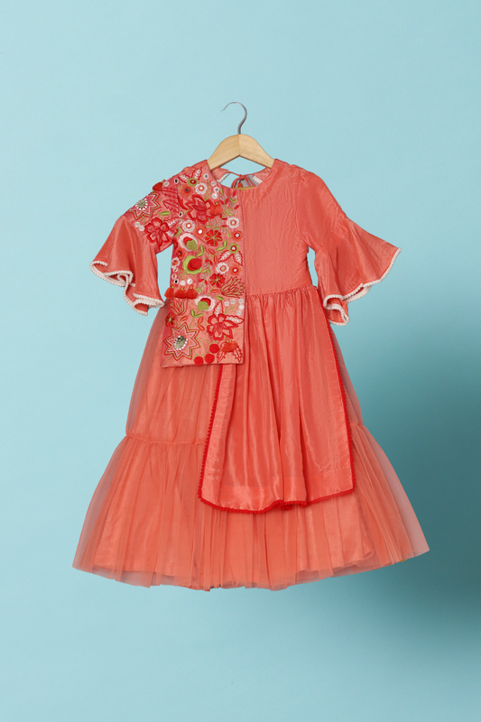 Peach Thread Embroidered Attached Jacket Gown