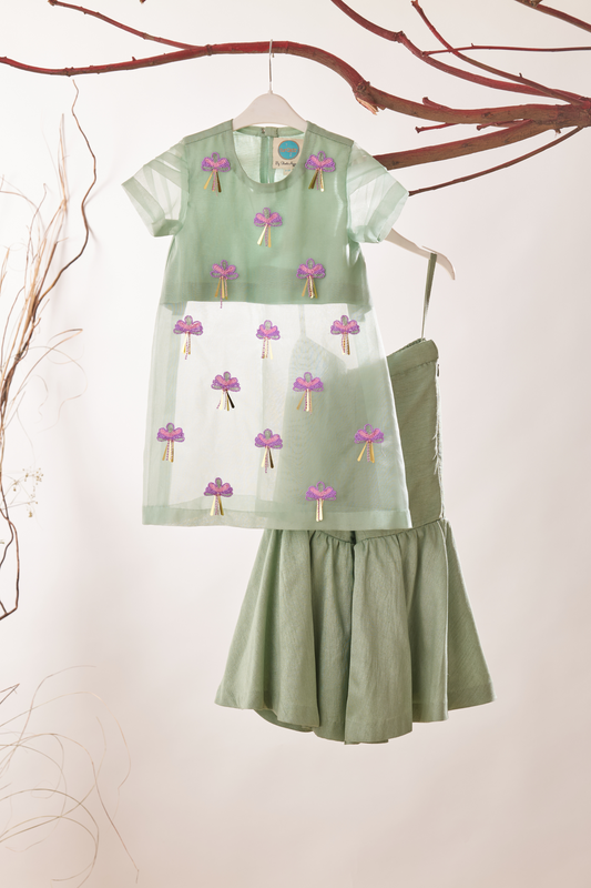 Sage Green Hand Embroidered Organza Kurta With Sharara Set