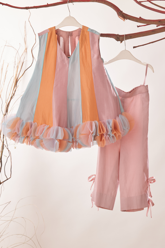 Multicolor Detailing Silk Top With Bow Detailing Pant Set