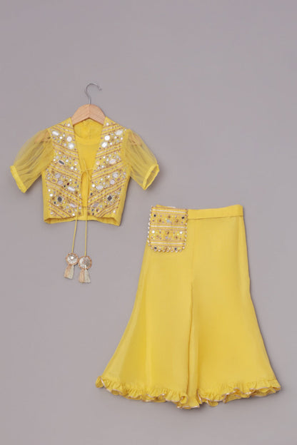 Yellow Crop Top With Mirror Work Tie Up Jacket And Palazzo With Embroidered Waist Pouch