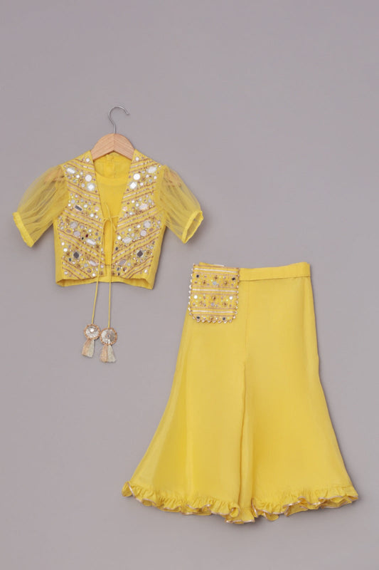 Yellow Crop Top With Mirror Work Tie Up Jacket And Palazzo With Embroidered Waist Pouch
