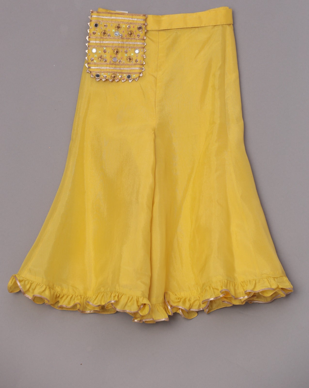 Yellow Crop Top With Mirror Work Tie Up Jacket And Palazzo With Embroidered Waist Pouch