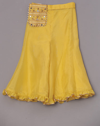 Yellow Crop Top With Mirror Work Tie Up Jacket And Palazzo With Embroidered Waist Pouch
