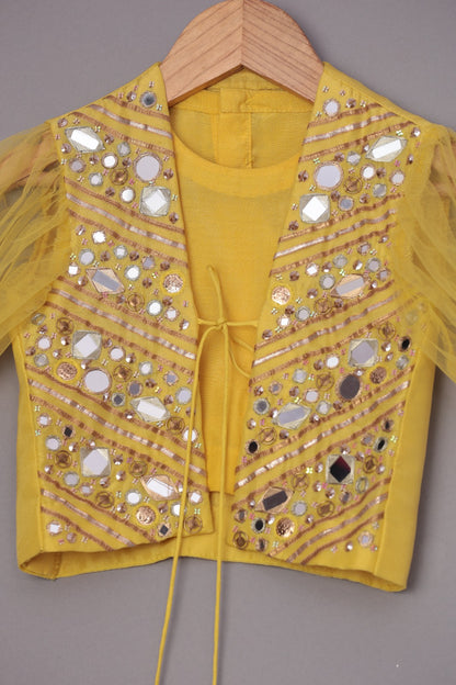Yellow Crop Top With Mirror Work Tie Up Jacket And Palazzo With Embroidered Waist Pouch