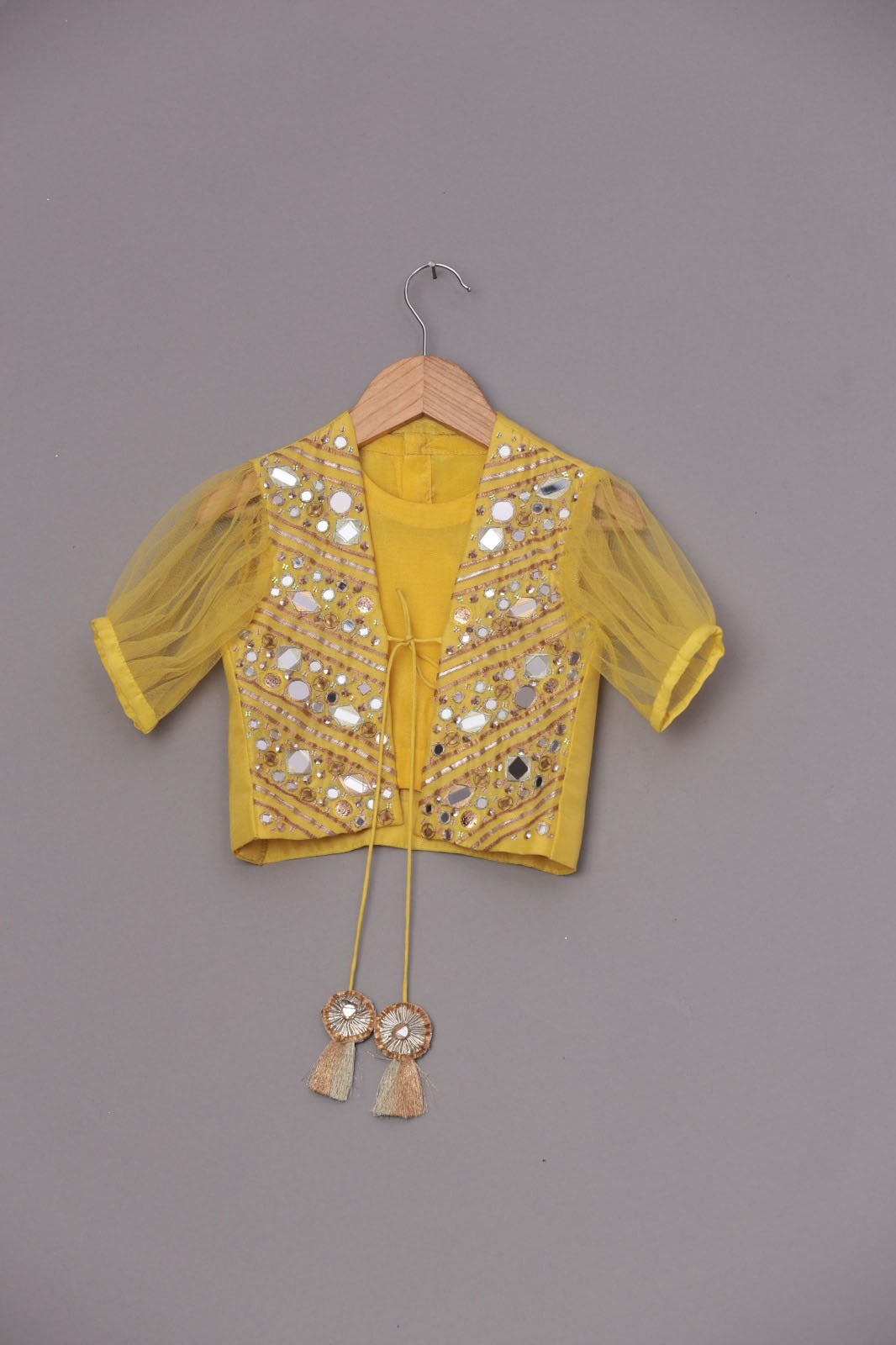 Yellow Crop Top With Mirror Work Tie Up Jacket And Palazzo With Embroidered Waist Pouch
