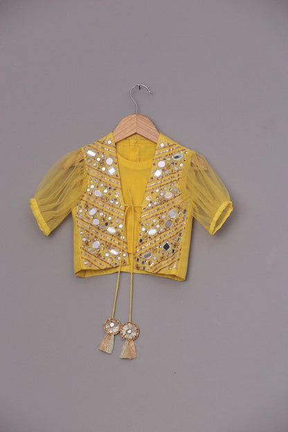Yellow Crop Top With Mirror Work Tie Up Jacket And Palazzo With Embroidered Waist Pouch
