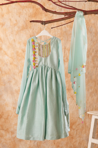 Sage Green Embroidered And Handmade Tassels Detailing Anarkali With Dupatta