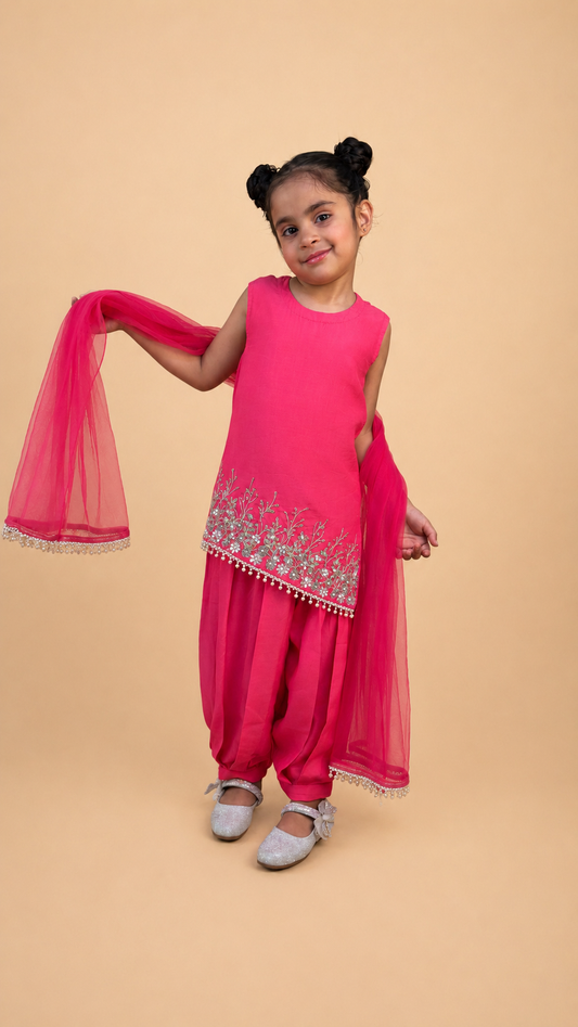 PUNCH PINK EMBROIDERED TUNIC PARED WITH BALLOON PANTS AND DUPPATA SET FOR GIRLS