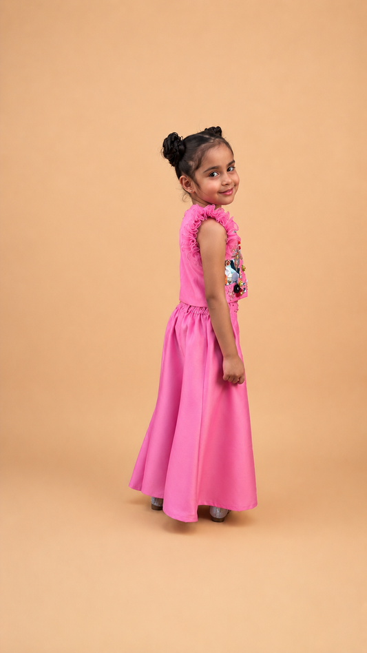 BUBBLEGUM PINK EMBROIDERED CO-ORD SET FOR GIRLS