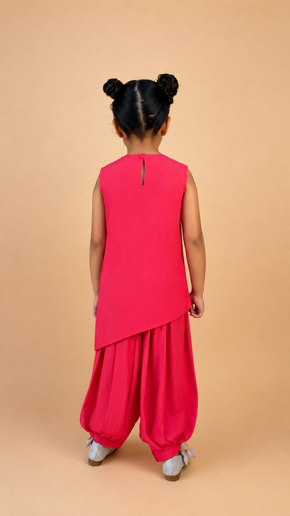 PUNCH PINK EMBROIDERED TUNIC PARED WITH BALLOON PANTS AND DUPPATA SET FOR GIRLS