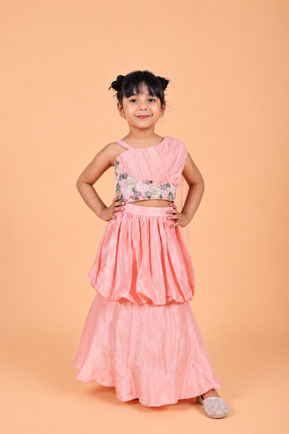 BABY PINK EMBROIDERED DRAPED TOP PAIRED WITH BALLON SKIRT SET FOR GIRLS