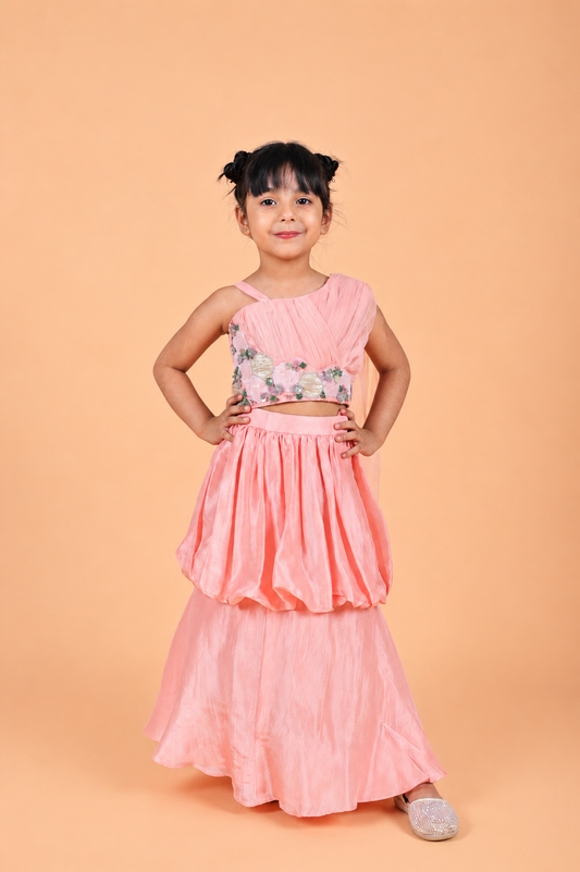 BABY PINK EMBROIDERED DRAPED TOP PAIRED WITH BALLON SKIRT SET FOR GIRLS