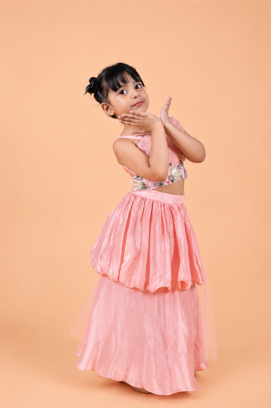 BABY PINK EMBROIDERED DRAPED TOP PAIRED WITH BALLON SKIRT SET FOR GIRLS