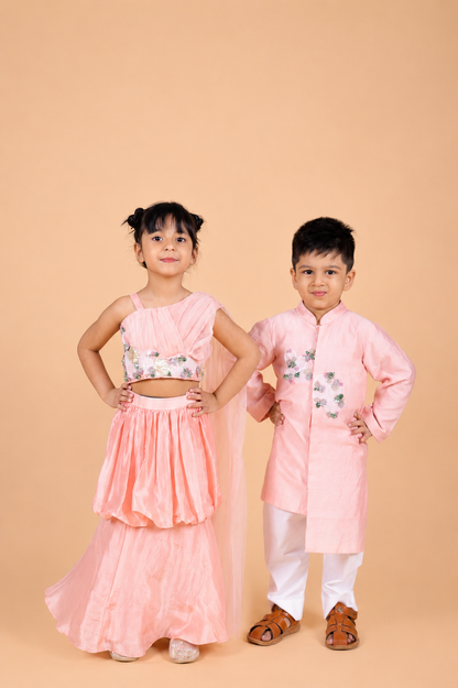 BABY PINK EMBROIDERED DRAPED TOP PAIRED WITH BALLON SKIRT SET FOR GIRLS