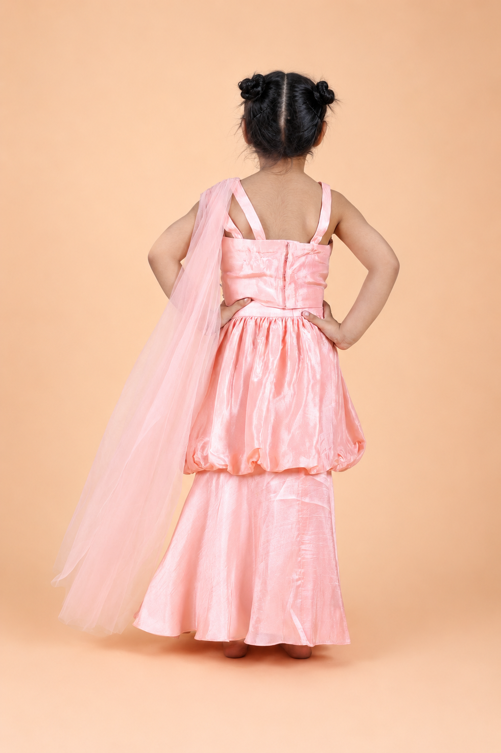 BABY PINK EMBROIDERED DRAPED TOP PAIRED WITH BALLON SKIRT SET FOR GIRLS